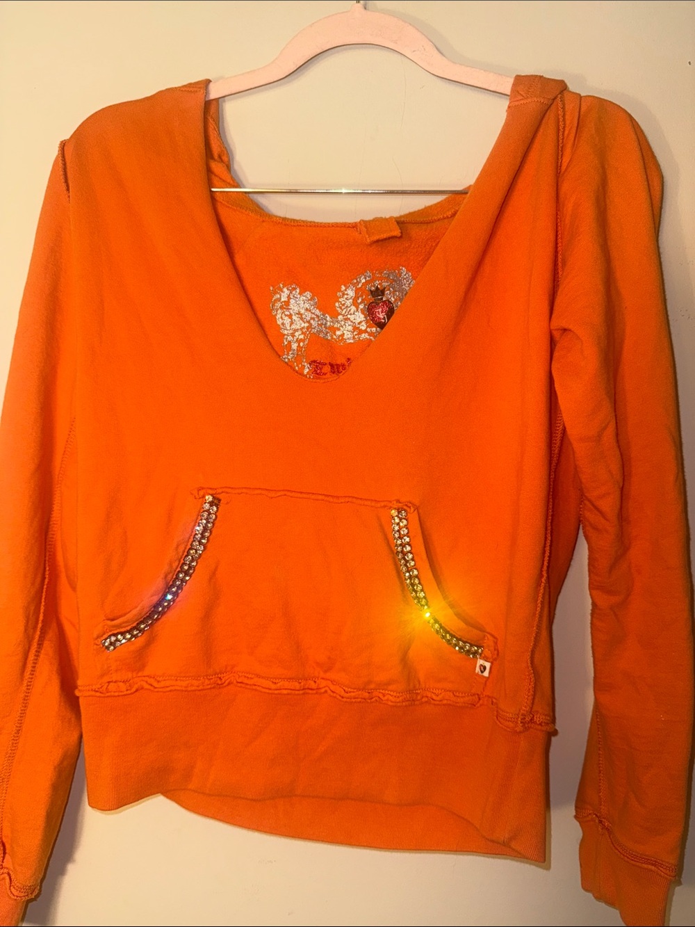 TWISTED HEART Orange Embellished V-Neck Hoodie